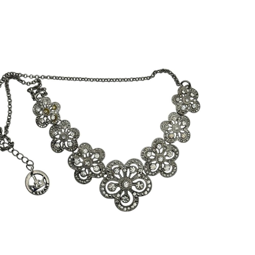 Vintage Crown Trifari Rhinestone Floral Choker Necklace 13-15" Silver Tone